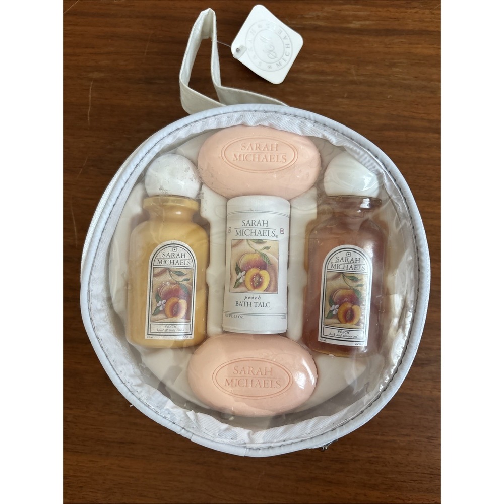 SARAH MICHAELS TRAVEL ENSEMBLE- PEACH- BATH TALC, LOTION, SHOWER GEL, VINTAGE - Picture 1 of 1
